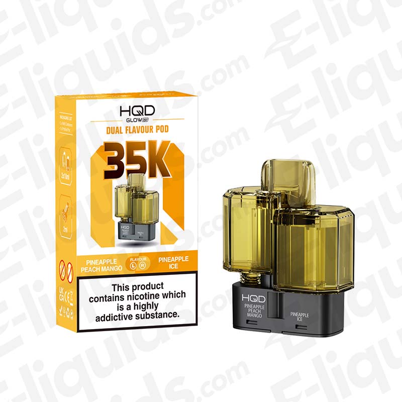 HQD Glow Air 35K Pineapple Peach Mango & Pineapple Ice: A tropical dual-flavour pod, switching between a smooth fruit blend and a frosty pineapple.