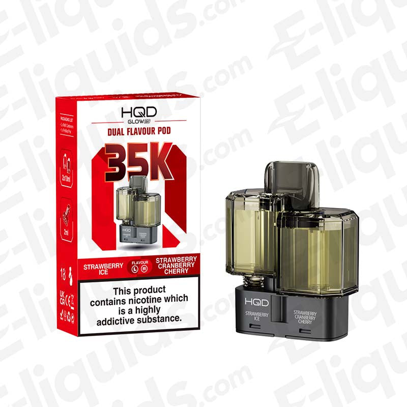 HQD Glow Air 35K Strawberry Ice / Strawberry Cranberry Cherry: A high-capacity dual-flavour pod in a Vibrant Red finish, delivering up to 35,000 puffs of icy and mixed berry flavours.