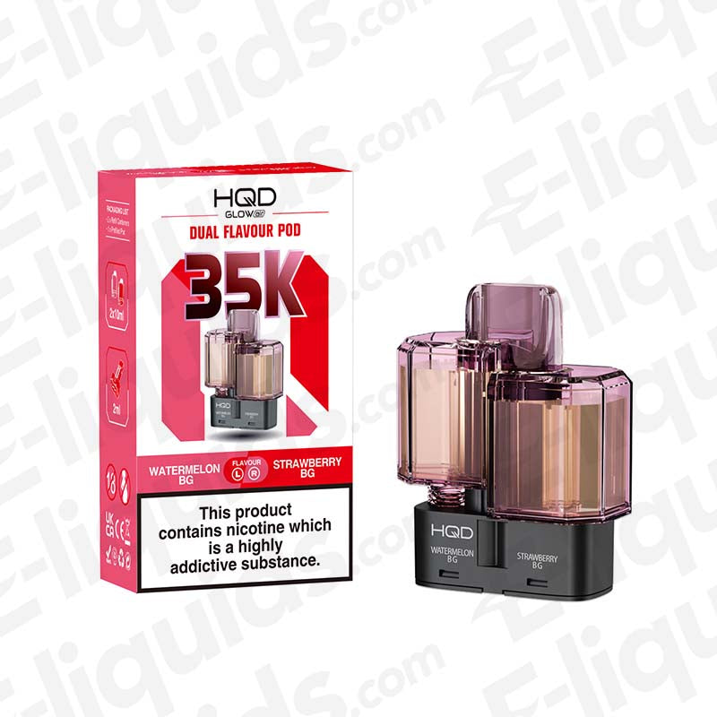 HQD Glow Air 35K Watermelon BG & Strawberry BG: A long-lasting bubblegum-inspired pod featuring a mix of watermelon and strawberry candy flavours.