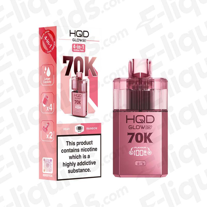 HQD Glow Air 70K Bear & Rainbow Prefilled Pod Kit: A playful candy-style pod kit in a pink finish, blending gummy bear and mixed fruit candy notes.