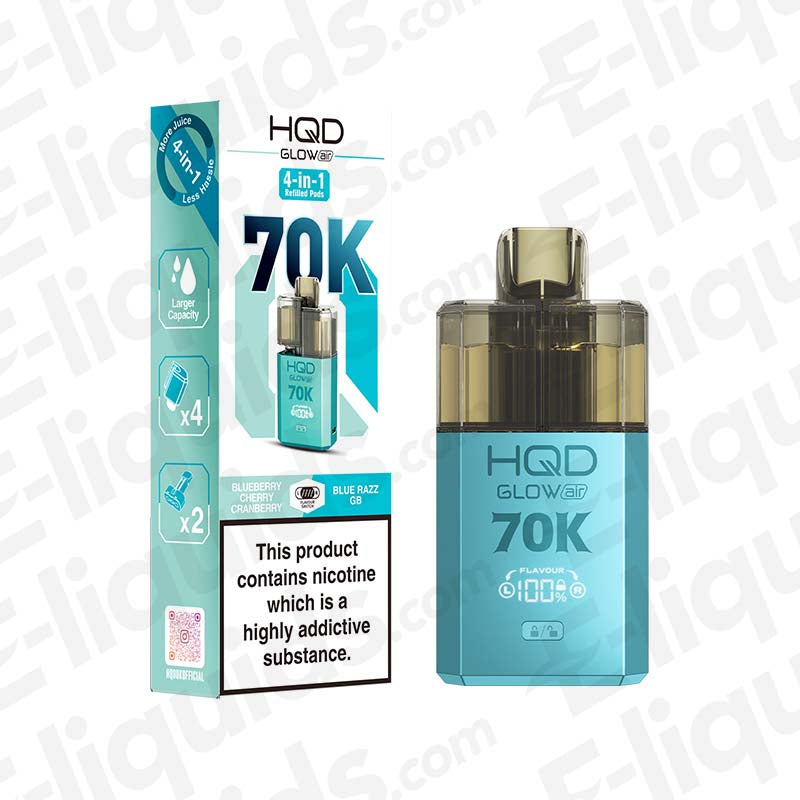 HQD Glow Air 70K Blueberry Cherry Cranberry & Blue Razz GB Prefilled Pod Kit: A bold berry-and-candy kit in a Royal Blue  finish, delivering a tangy forest fruit and blue raspberry.