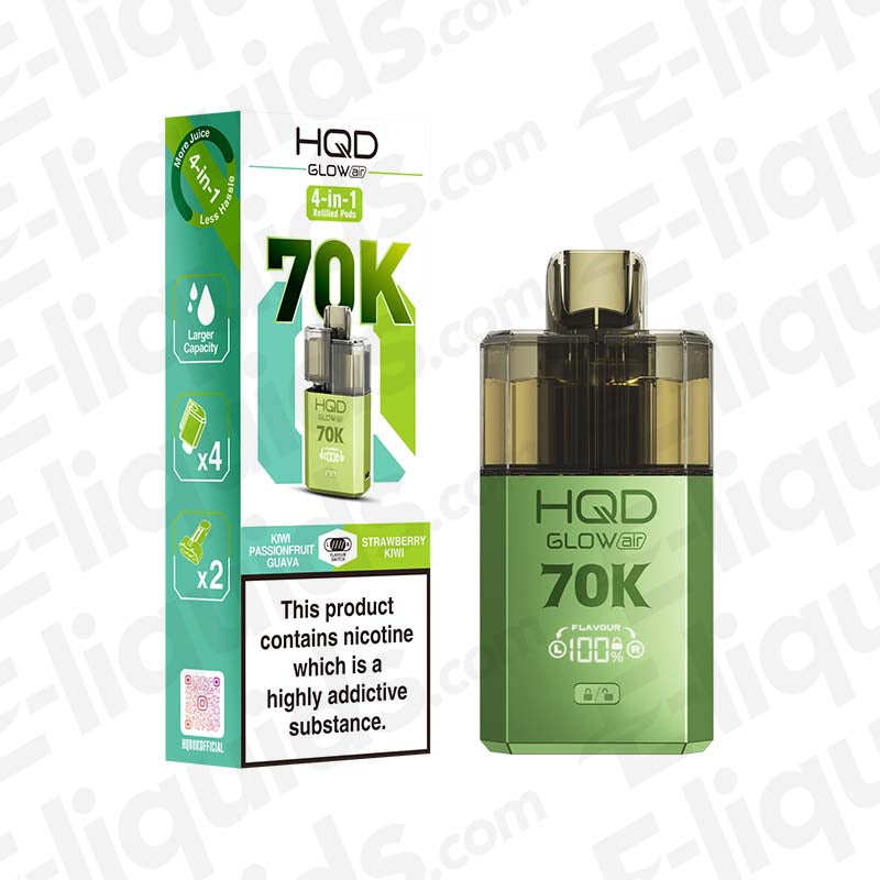 HQD Glow Air 70K Kiwi Passionfruit Guava & Strawberry Kiwi Prefilled Pod Kit: A tropical dual-flavour kit in a Lime Green finish, offering a mix of guava, passion fruit & strawberry kiwi.
