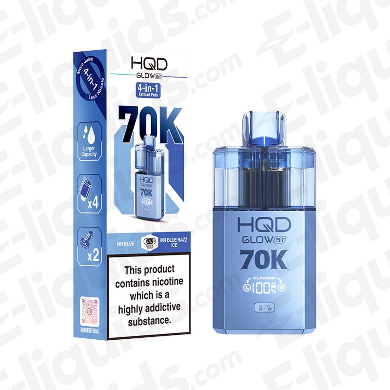 HQD Glow Air 70K Mr Blue & Mr Blue Razz Ice Prefilled Pod Kit: A cool, complex berry-menthol kit in a Blue finish, delivering the famous berry profile with an icy kick.