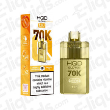 HQD Glow Air 70K Pineapple Peach Mango & Pineapple Ice Prefilled Pod Kit: A tropical-themed 70,000-puff kit in a Golden Yellow finish, offering a smooth fruit medley and a frosty pineapple kick.