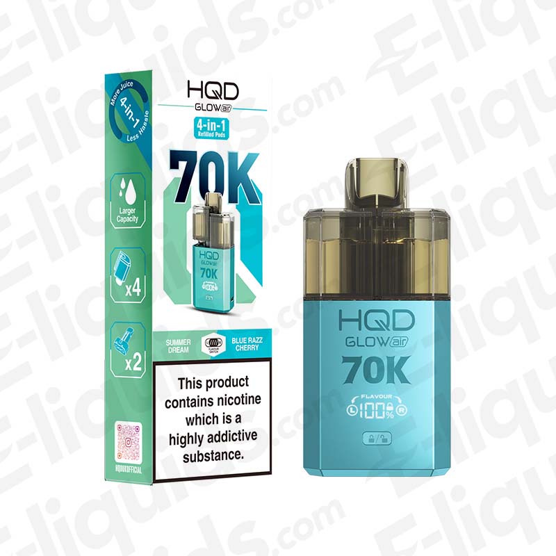 HQD Glow Air 70K Summer Dream & Blue Razz Cherry Prefilled Pod Kit: A refreshing fruit-mix kit in a Cyan finish, blending pineapple, strawberry, and cherry-razz.