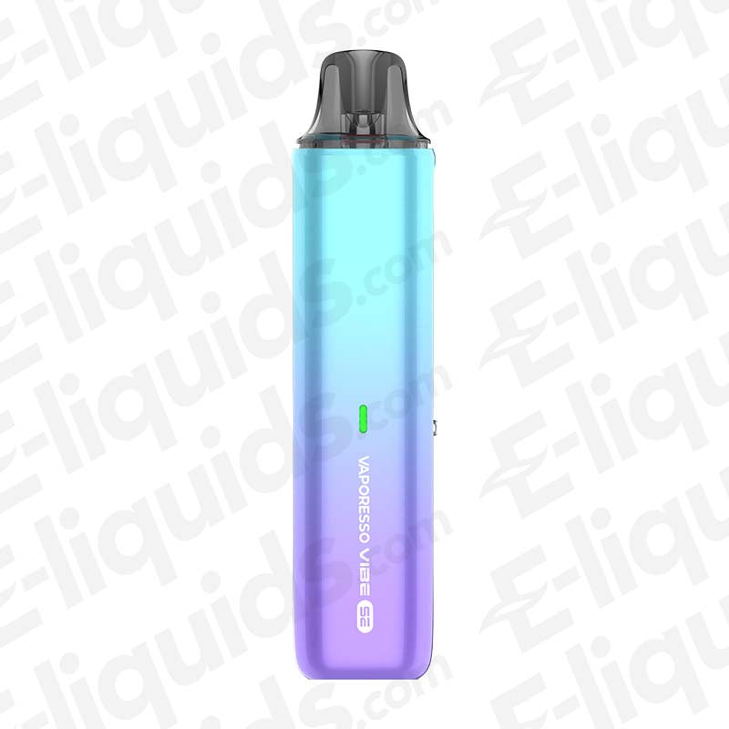 Vaporesso Vibe SE Ice Blueberry Pod Kit in ice blue to purple gradient finish with black mouthpiece and LED display