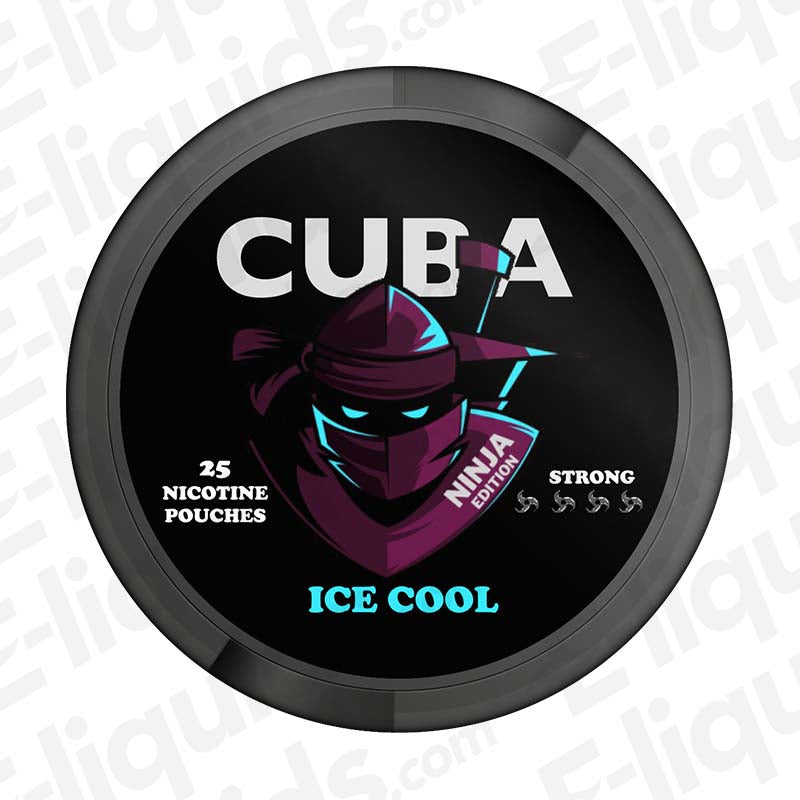 Cuba Ninja Edition nicotine pouches, 25 count, strong ice cool flavor in black packaging.