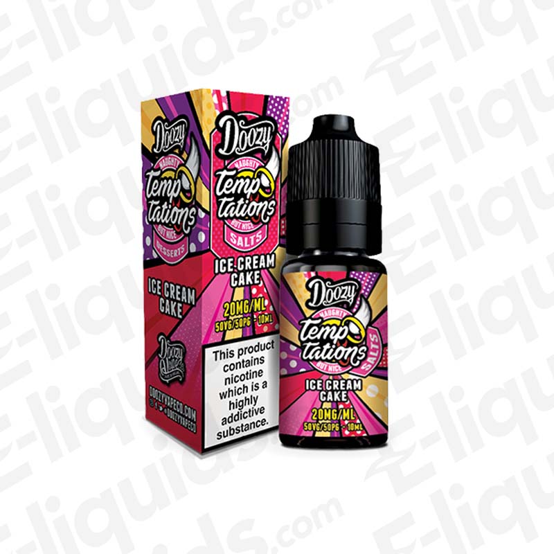 Doozy Temptations Ice Cream Cake Nic Salt E-liquid 20mg 10ml bottle with colorful packaging.