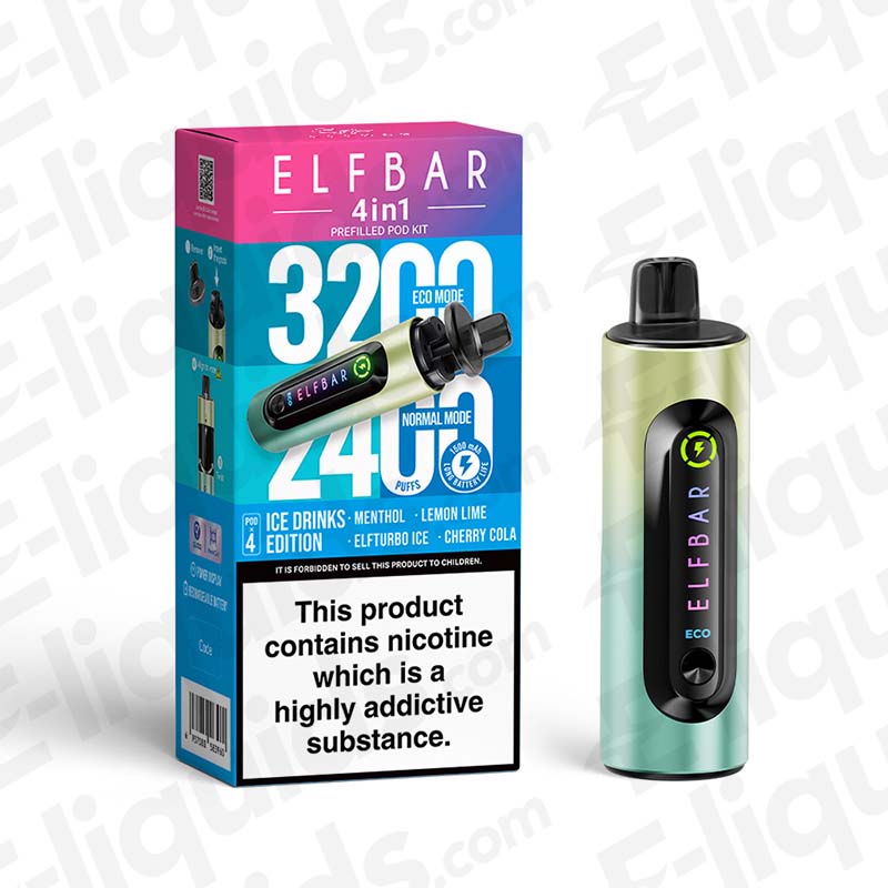 Elf Bar 4-in-1 Refillable Pod Kit with flavor options and 3200 puffs, designed for eco-friendly vaping.