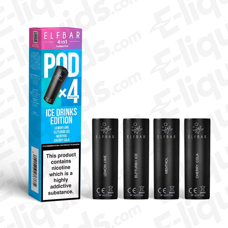 Elf Bar 4-in-1 Ice Drink Edition pre-filled vape pods with four flavors: Lemon Lime, Elf Liquid Ice, Menthol, Cherry Cola.