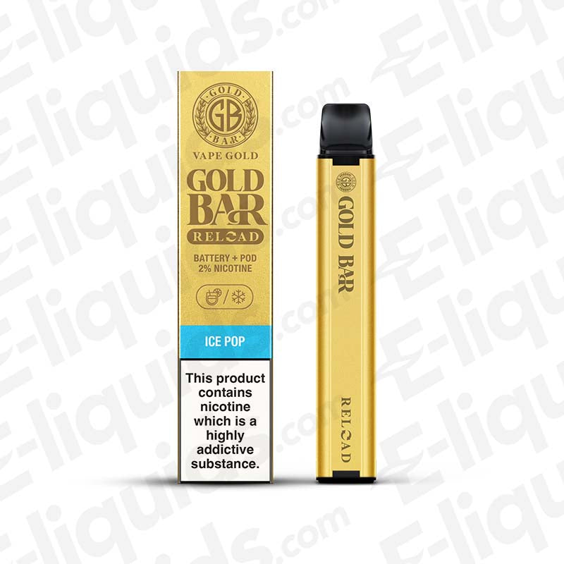 Gold Bar Reload Pod Kit Ice Pop flavor with nicotine warning for long-lasting MTL vaping experience.
