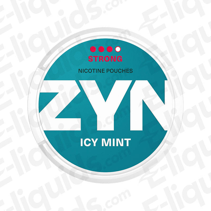 Icy Mint Strong Nicotine Pouches by ZYN, tobacco-free, 9.5mg, 21 pouches per can, minty flavor with ice twist.