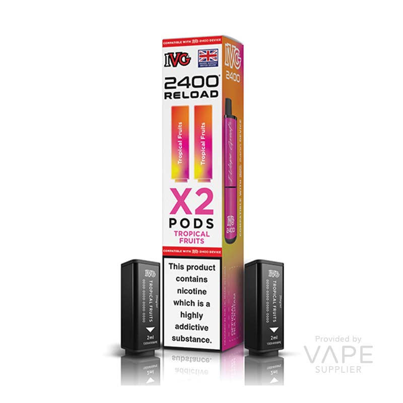 IVG 2400 Tropical Fruits Pods box showing 2 prefilled pods, fruity vapor flavor, 2400 puffs, 20mg strength, mesh coil technology