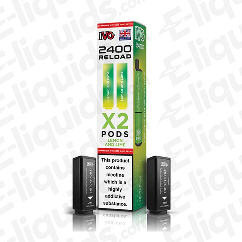 IVG 2400 2 In 1 Prefilled Pods with lemon and lime flavor, box of 2 pods, nicotine warning.