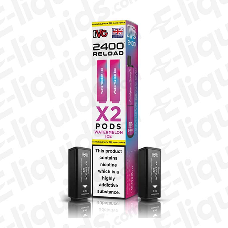 IVG 2400 Watermelon Ice Prefilled Pod with box, featuring 4x mesh coil and 2400 puffs, 20mg strength, 2ml e-liquid
