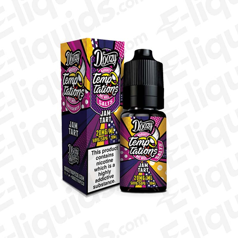 Jam Tart Nic Salt E-liquid by Doozy Temptations 10ml bottle, featuring blueberry jam flavor with 5-20mg nicotine strength.