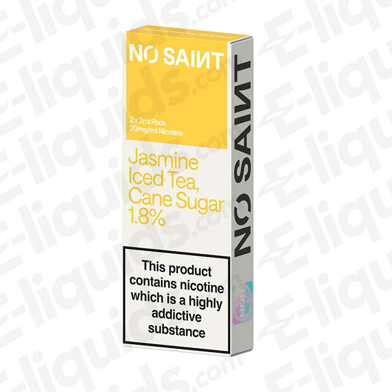 NO SAINT Jasmine Iced Tea Cane Sugar Prefilled Pod with floral Tea flavour in yellow and white packaging.