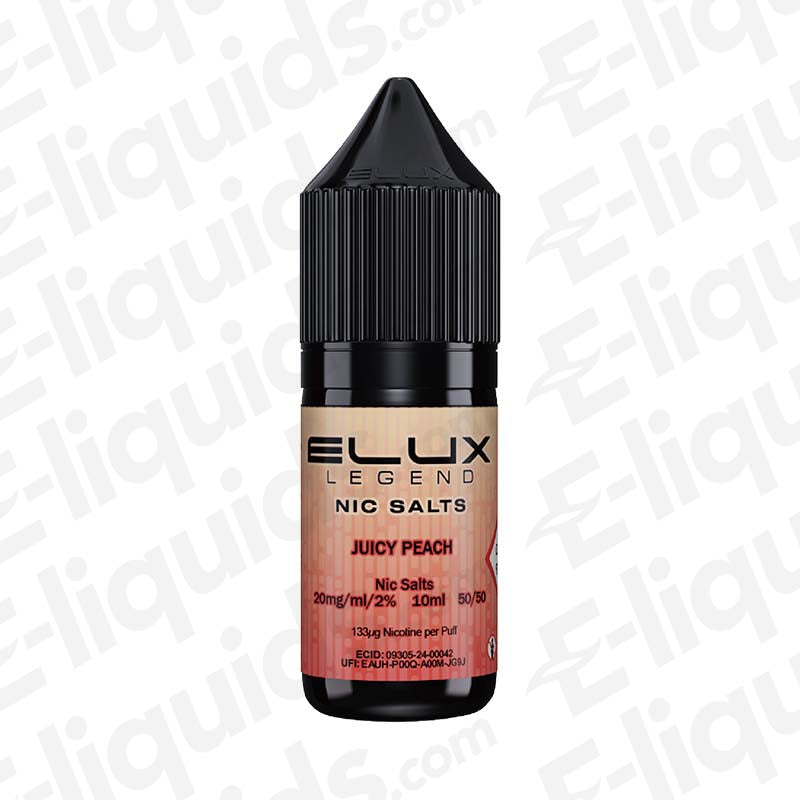 Juicy Peach Nic Salt E-liquid by Elux Legend in a black bottle, featuring 20mg nicotine and 50/50 PG/VG ratio.