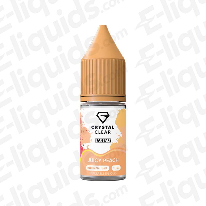 Juicy Peach Nic Salt E-liquid bottle by Crystal Clear Bar Salts, featuring vibrant peach packaging for flavorful vaping.
