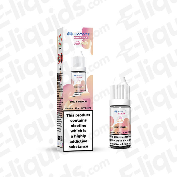 Juicy Peach Nic Salt E-liquid by Hayati Pro Max in 10mg and 20mg strengths, featuring peach flavor and nicotine warning.