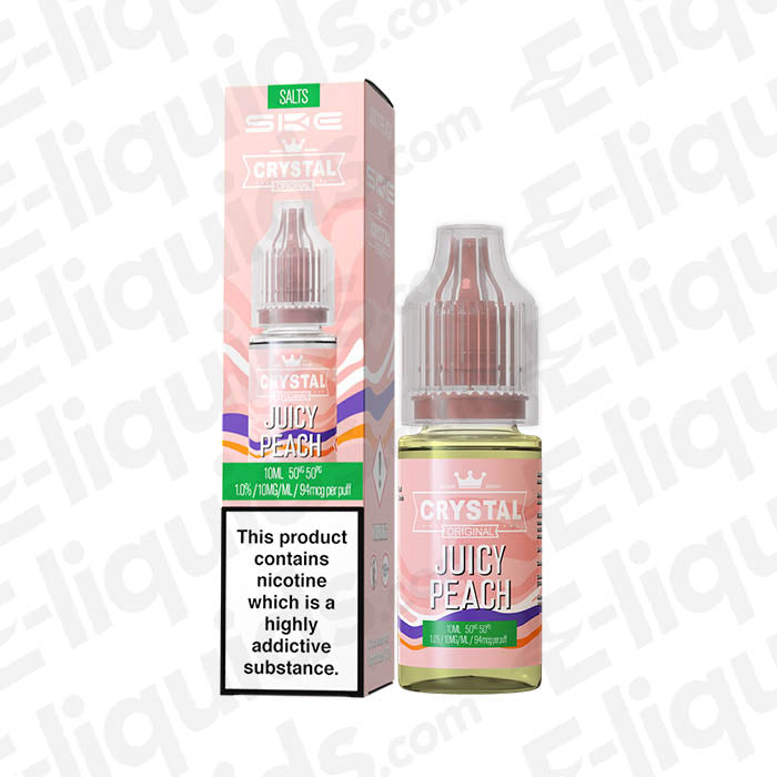 Juicy Peach Nic Salt E-liquid by SKE Crystal in 10ml bottle, showcasing fruit flavor and vibrant packaging.