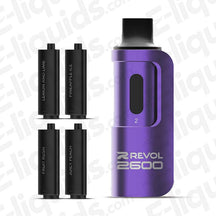 REVOL 2600 4-in-1 Pod Kit with four flavor pods: Lemon & Lime, Pineapple Ice, Fruit Rush, Juicy Peach.