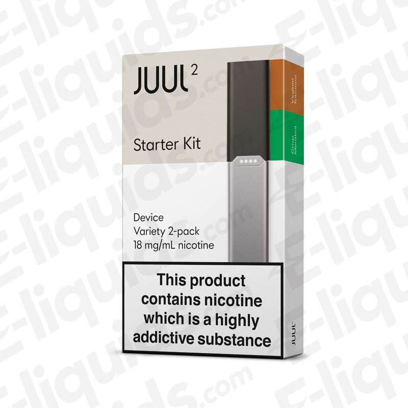 JUUL 2 Starter Kit with Virginia Tobacco & Crisp Menthol Pods, compact and portable vaping device, 18 mg/mL nicotine.