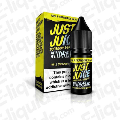Kiwi & Cranberry On Ice Nic Salt E-liquid by Just Juice - 10ml bottle with box, featuring fruity kiwi and cranberry flavors, 50VG/50PG.