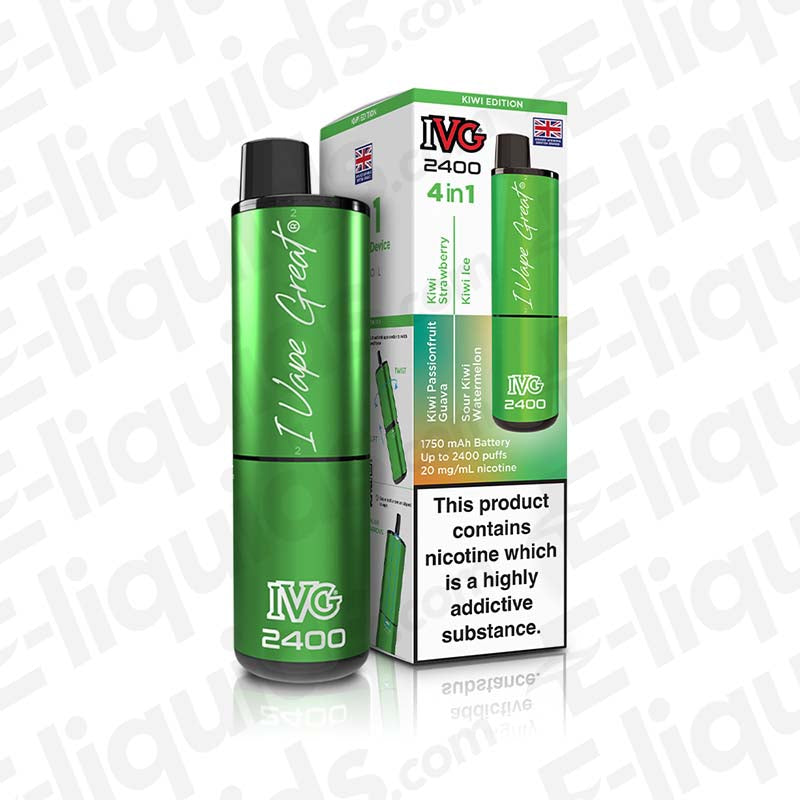 IVG 2400 4-in-1 Rechargeable Pod Kit Kiwi Edition with 20mg nic salt e-liquid, featuring a sleek green design and USB-C charging.