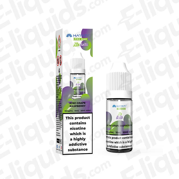 Kiwi Grape Raspberry Pro Max Nic Salt E-liquid by Hayati in 10mg and 20mg nicotine strengths, featuring a 50/50 VG/PG mix.