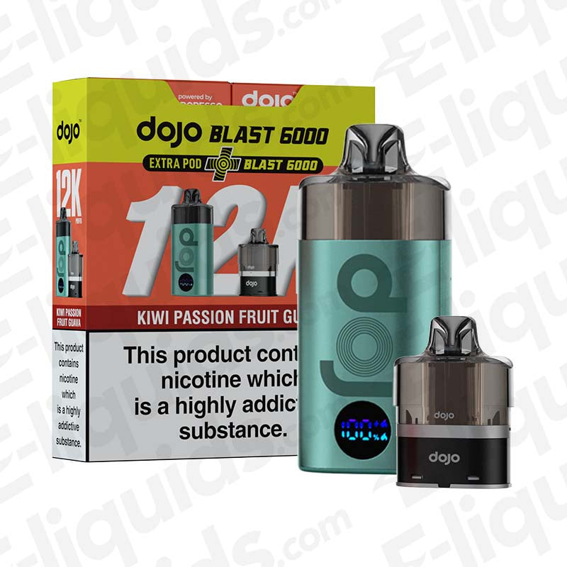 Vaporesso Dojo Blast 12K Bundle Kiwi Passion Fruit Guava Prefilled Pod Kit with packaging and refill pod displayed.