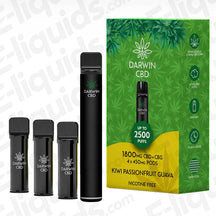 Darwin CBD+CBG 1800mg Kiwi Passionfruit Guava Prefilled Pod Kit with 4 x 450mg pods and a 500mAh rechargeable device.