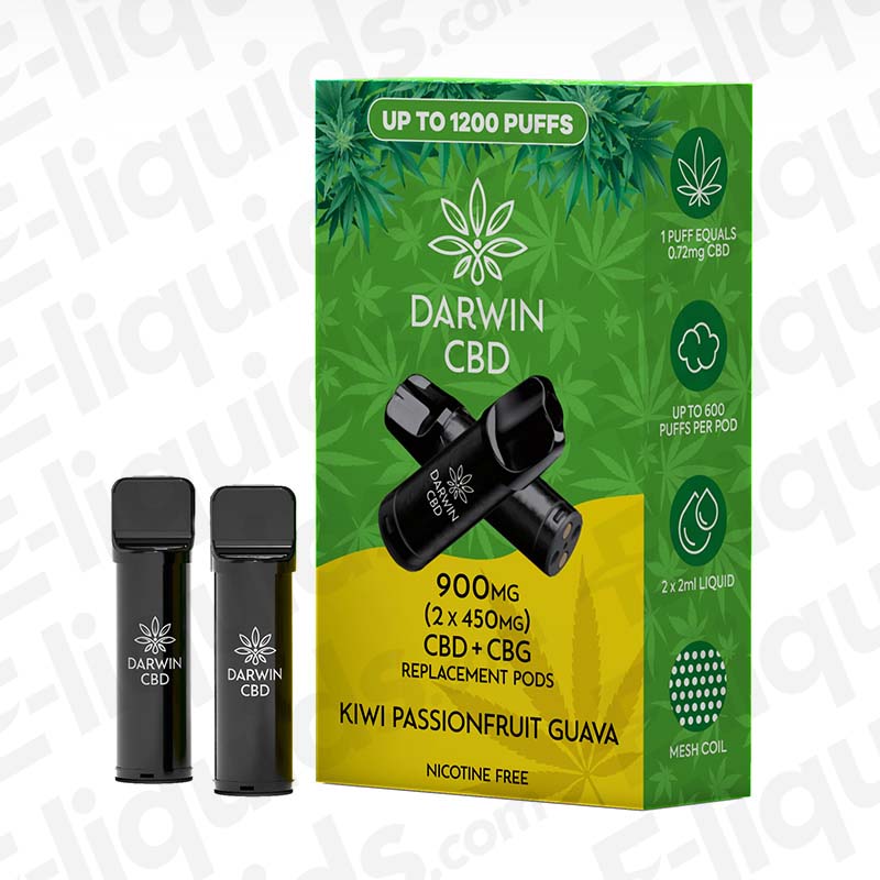 Darwin CBD+CBG 900mg Kiwi Passionfruit Guava (2 x 450mg) Prefilled Pod with exotic Fruit flavour in green and yellow packaging.