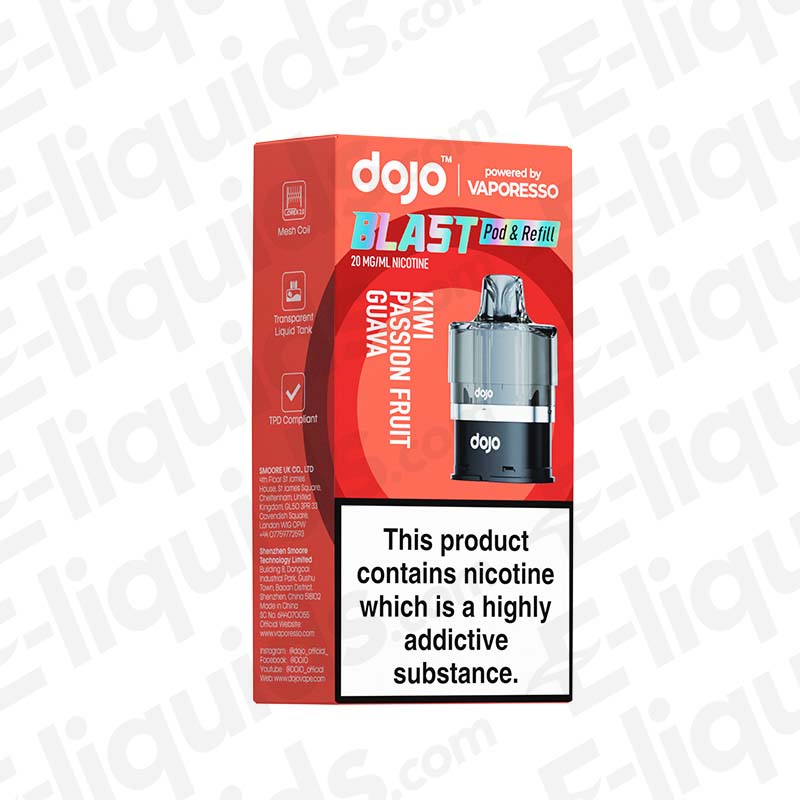 Vaporesso Dojo Blast 6000 Kiwi Passionfruit Guava Prefilled Pod box with nicotine warning label