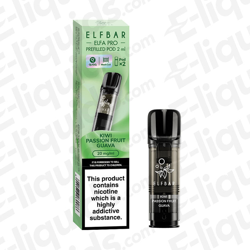 Elf Bar ELFA PRO Pre-Filled Vape Pods, Kiwi Passionfruit Guava flavor, with packaging and vape pod shown.