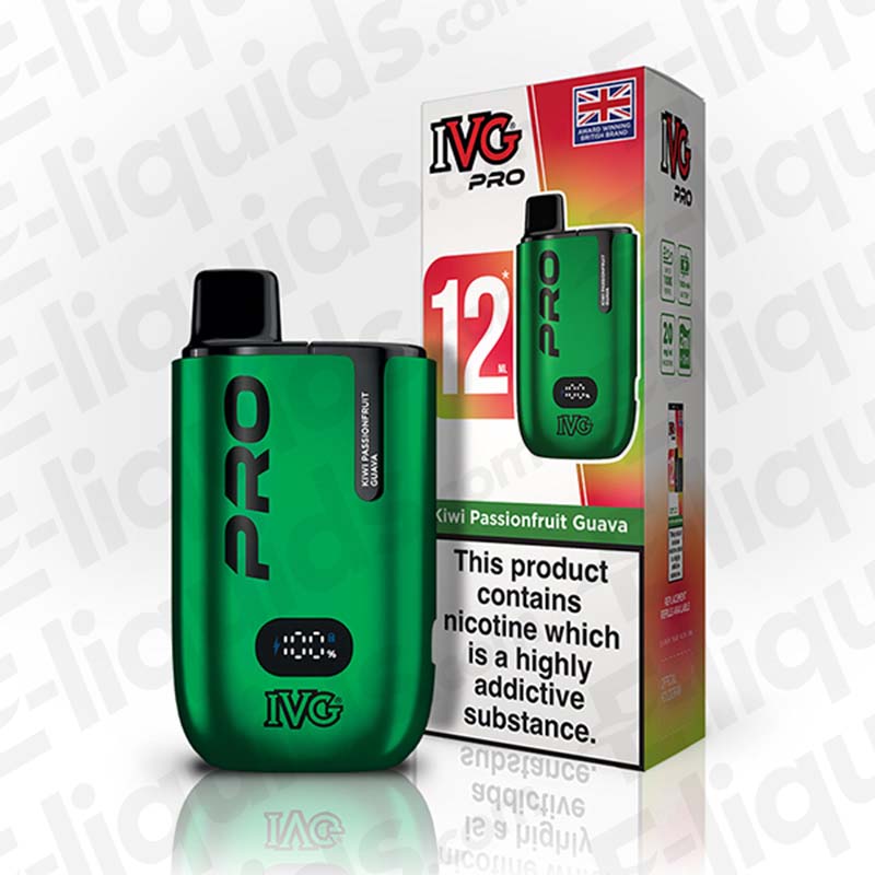 IVG Pro 6000 disposable vape in green, featuring Kiwi Passionfruit Guava flavor and nicotine warning.