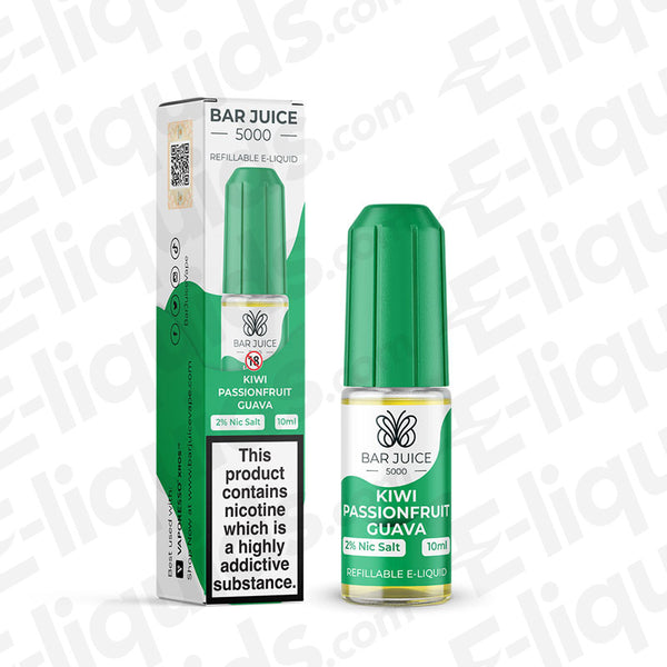 Kiwi Passionfruit Guava Nic Salt E-liquid by Bar Juice 5000 in a 10ml bottle, featuring 10mg and 20mg nicotine strengths.