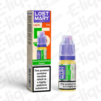 Lost Mary Nic Salt Vape Juice Kiwi Passionfruit Guava in 5mg strength with 10ml bottle for pod and starter kits, available in 21 flavors.