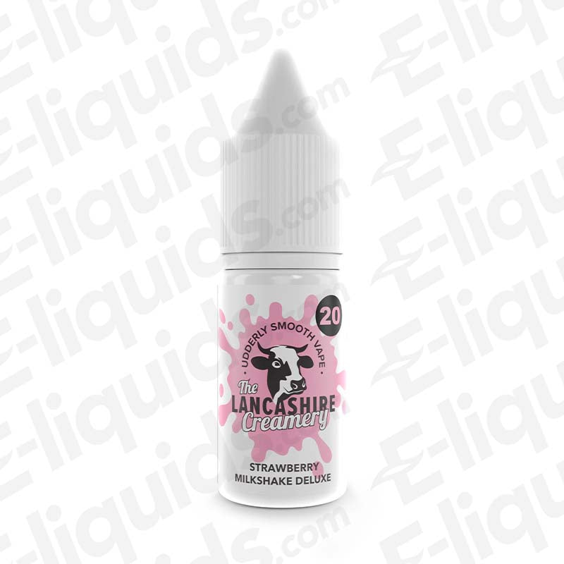 Strawberry Milkshake Deluxe Nic Salt E-liquid by The Lancashire Creamery, 20mg strength, featuring a pink and white bottle design.