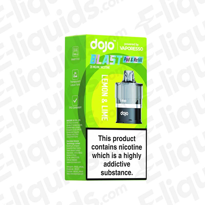 Vaporesso Dojo Blast 6000 Lemon & Lime Prefilled Pod packaging, featuring Corex 2.0 mesh coil and 20mg nicotine, up to 6000 puffs.