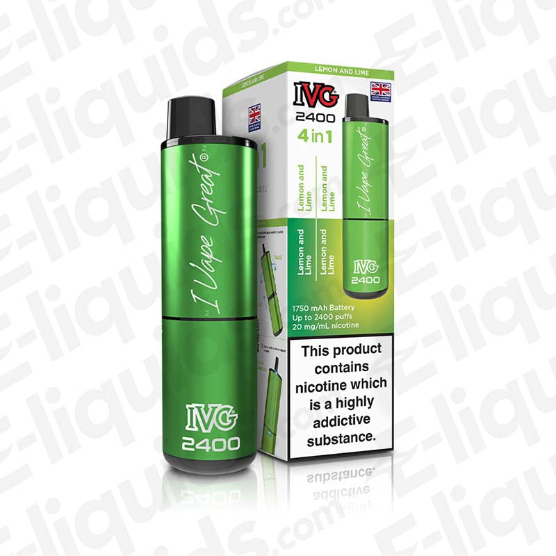 IVG 2400 4-in-1 Rechargeable Pod Kit in Lemon & Lime flavor with box, featuring 20mg nic salt e-liquid and USB Type-C charging.
