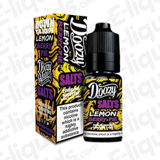 Doozy Vape Co Lemon Berry Pie Nic Salt E-liquid 20mg 10ml bottle with packaging, featuring vibrant design and nicotine warning.