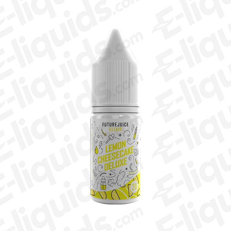 Lemon Cheesecake Deluxe Nic Salt E-liquid by Future Juice 20mg bottle with bright lemon and cheesecake design.
