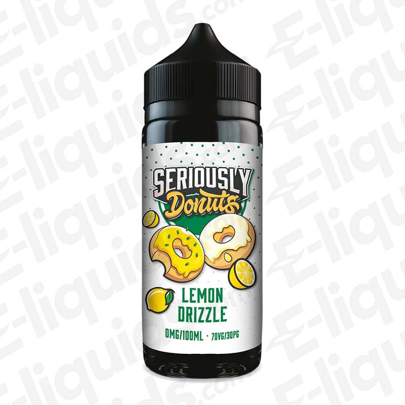Lemon Drizzle Seriously Donuts E-liquid by Doozy Vape Co, 100ml, 70VG/30PG, featuring donut and lemon flavors.