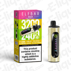 Elf Bar 4-in-1 Refillable Pod Kit with 3200 puffs, featuring lemon and lemonade flavors, eco-friendly design.