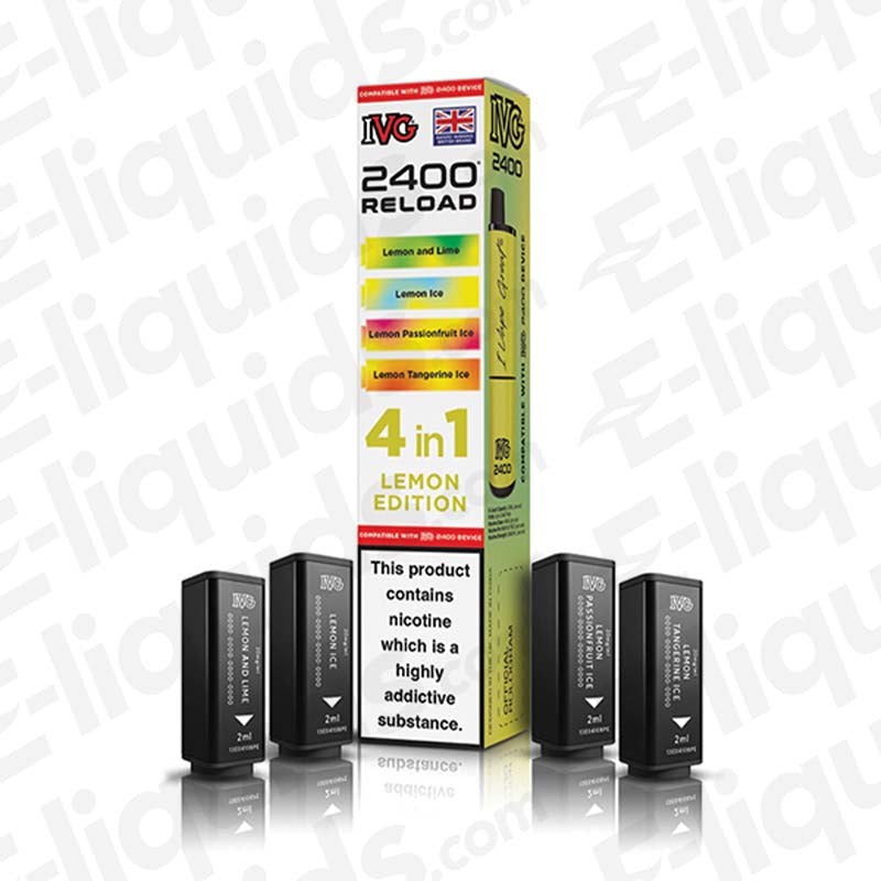 IVG 2400 4 In 1 Prefilled Pods Lemon Edition with 4 flavors and 2400 puffs, featuring mesh coil technology.