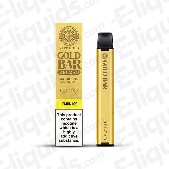 Gold Bar Reload Pod Kit in Lemon Ice flavor, featuring a rechargeable battery and 2% nicotine.