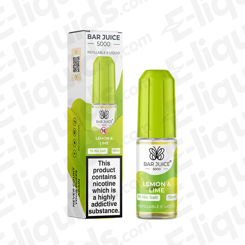 Lemon Lime Nic Salt E-liquid by Bar Juice 5000 in a 10ml bottle, featuring citrusy flavors and various nicotine strengths.