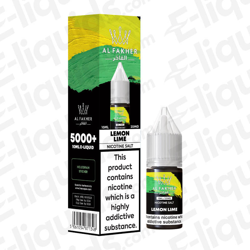 Lemon Lime 5000+ Nic Salt E-liquid by Al Fakher in a 10ml bottle, featuring vibrant citrus packaging.
