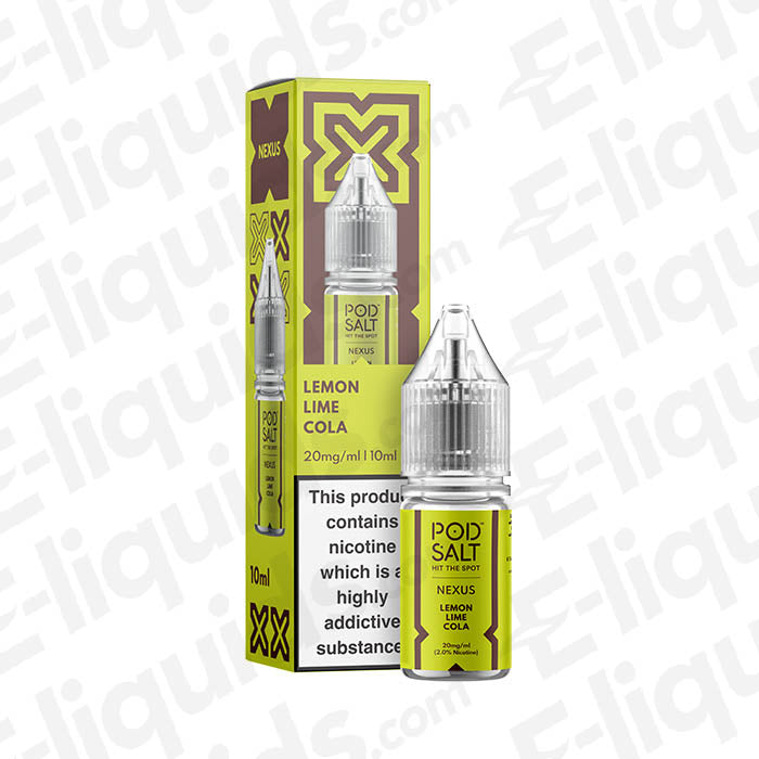 Pod Salt Nexus Lemon Lime Cola Nic Salt E-liquid, 10ml bottle with vibrant packaging featuring citrus elements.